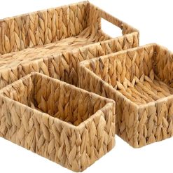 New Arrivals Pantry Baskets for Shelves 3 Pack, Rectangular Wicker Basket with Handles, Natural Water Hyacinth