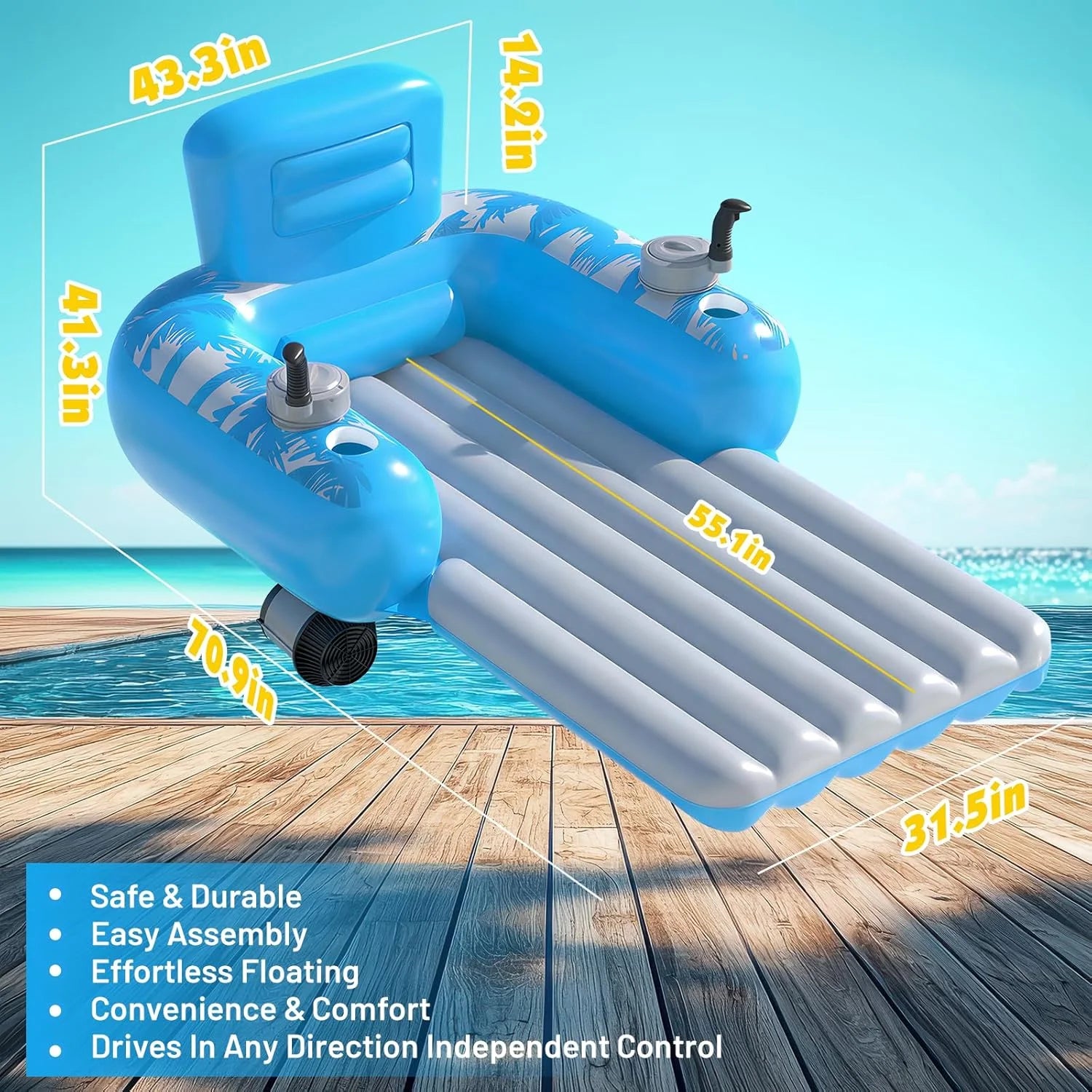 New Arrivals Inflatable Motorized Pool Floats for Adults, Rechargeable Pool Lounger with Dual Motors & 2 Storage - Image 4