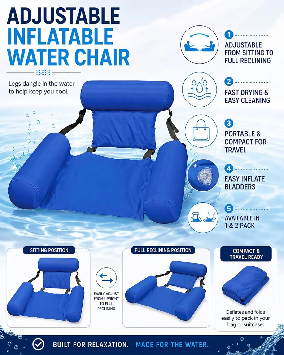 New Arrivals 2-Pack Water Chair Inflatable Pool Float Lounges for Adults, Adjustable Reclining Water Chairs for Pool - Image 7