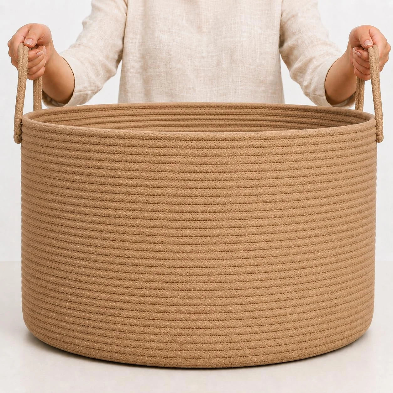 OrganiHaus Round Toy Basket & Blanket Basket, Cotton Rope 20×13, Full Honey, Round Cotton Rope Basket, 20×13 bifanuoyard - Image 12