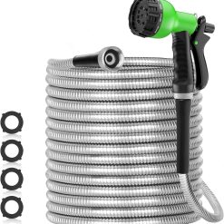 New Arrivals 100ft 304 Stainless Steel Garden Hose Metal, Heavy Duty Water Pipe with Nozzles for Yard