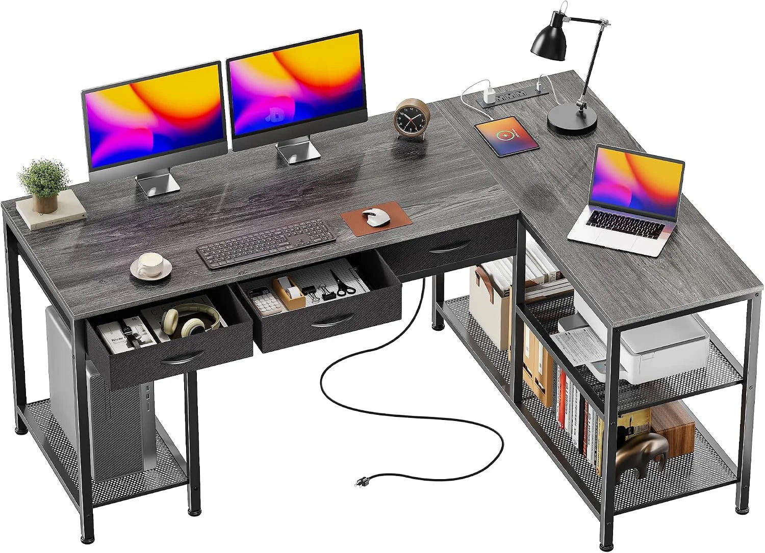 New Arrivals 55 Inch L Shaped Office Desk with Power Outlets and Type-C Port, Large Computer Gaming Desk with 3 Fabric - Image 5
