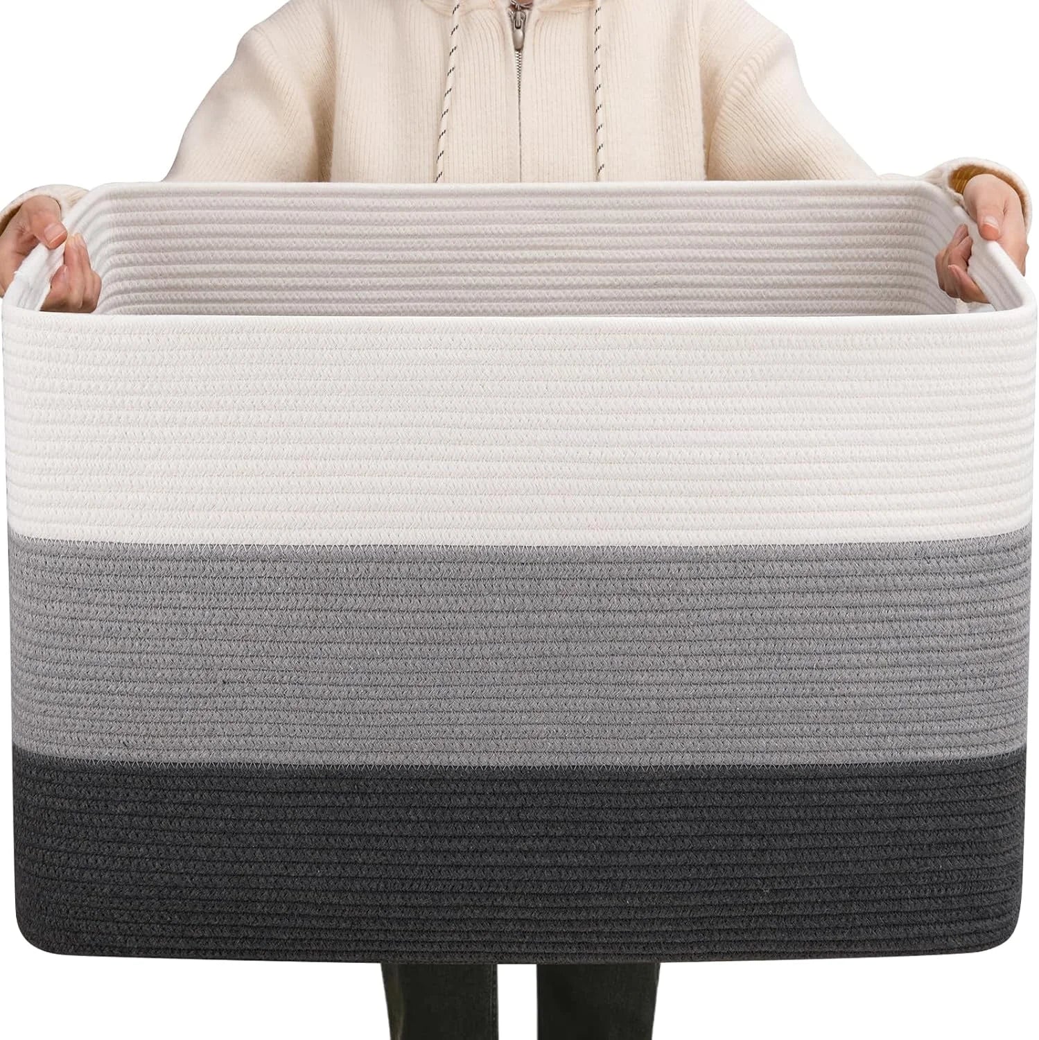 New Arrivals Blanket Basket, 25”x16”x16”(108L) Rectangle Woven Storage Baskets, Cotton Rope Basket For Living Room - Image 9