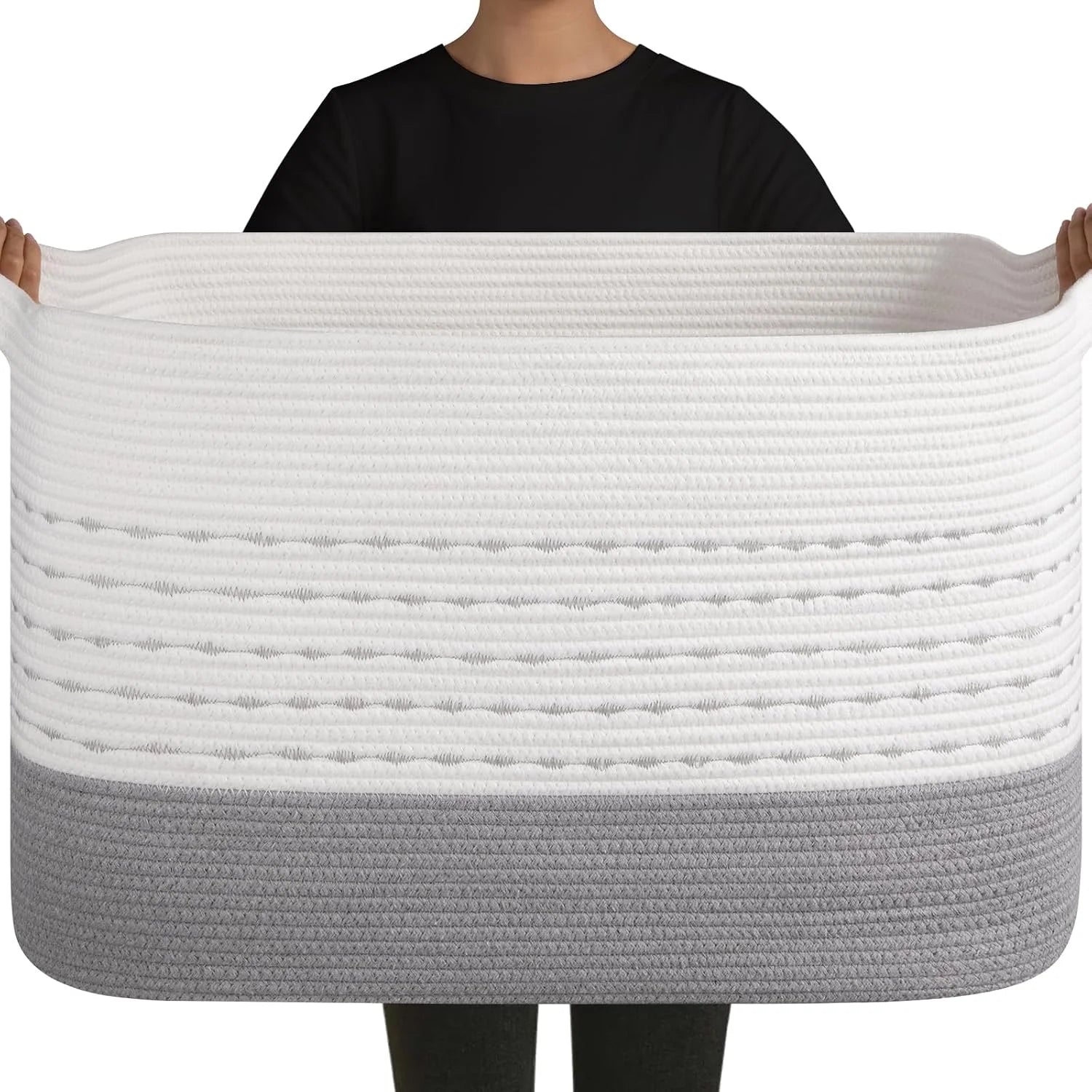 Large Blanket Basket, Storage Baskets with Handle, Rectangle Woven Cotton Rope Basket, Toy Organizer Bins, 22 x bifanuoyard - Image 2