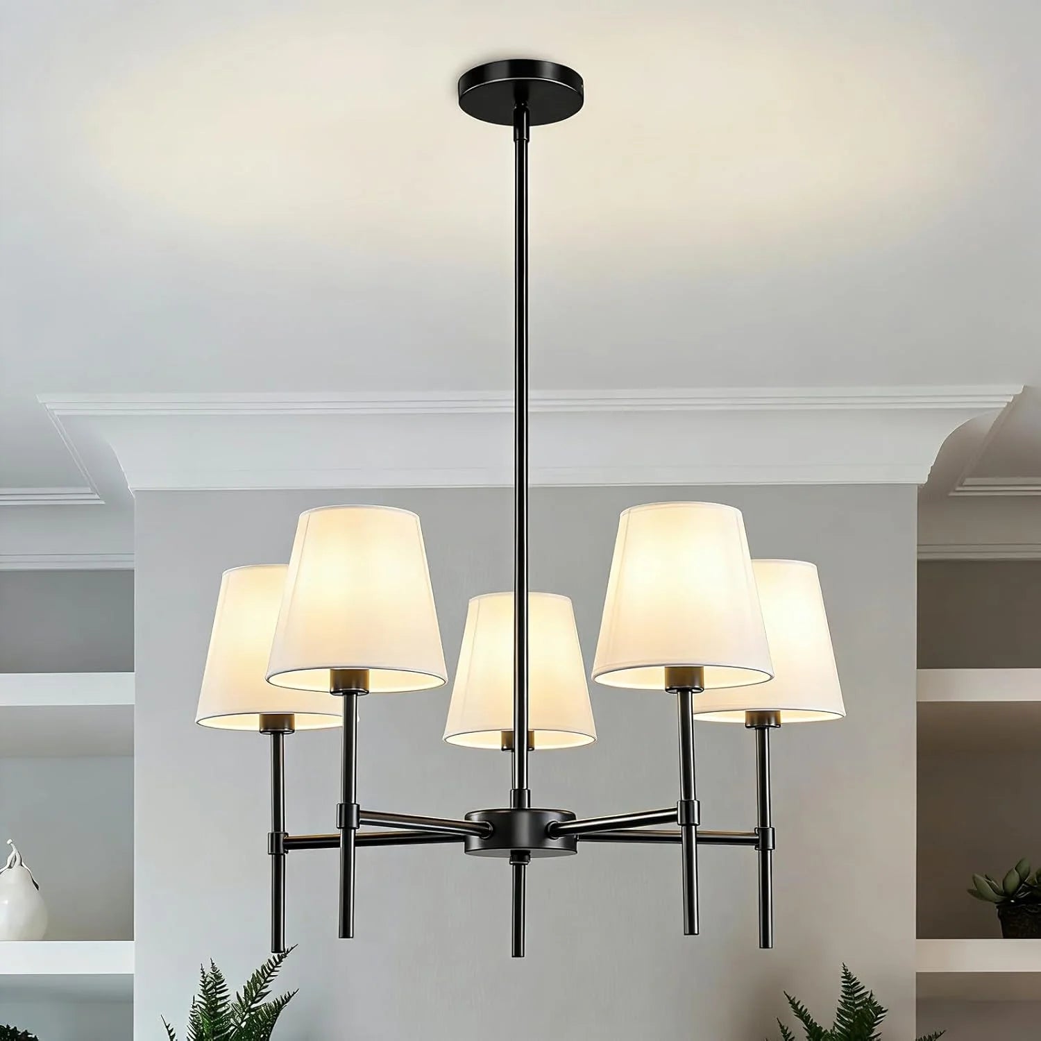 New Arrivals Dining Room Chandeliers Light, 5-Light Gold Modern Chandeliers Light Fixtures with White Fabric Shade - Image 2