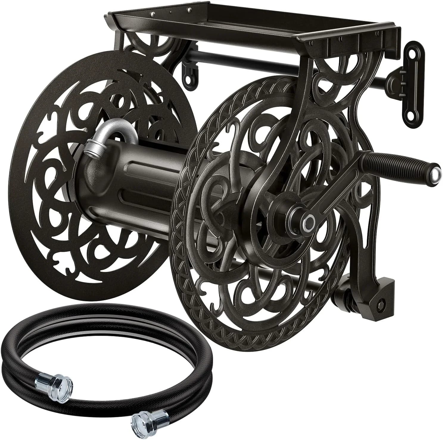 New Arrivals Wall Mount Garden Hose Reel for Outside, Holds 125 ft x 5/8" Hose Storage, Decorative Heavy Duty Water Hose