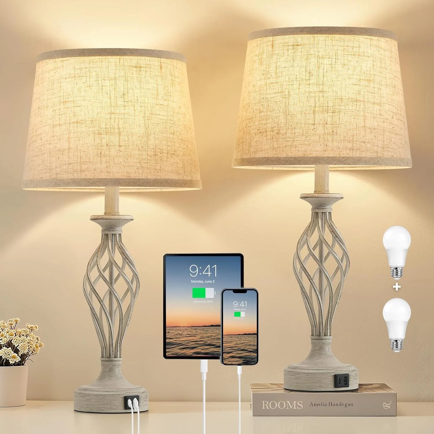 New Arrivals Lamp for Bedroom Set of 2 with USB C+A Ports, Bulb Included, Modern Bedside Lamps with Spiral Cage Base - Image 3