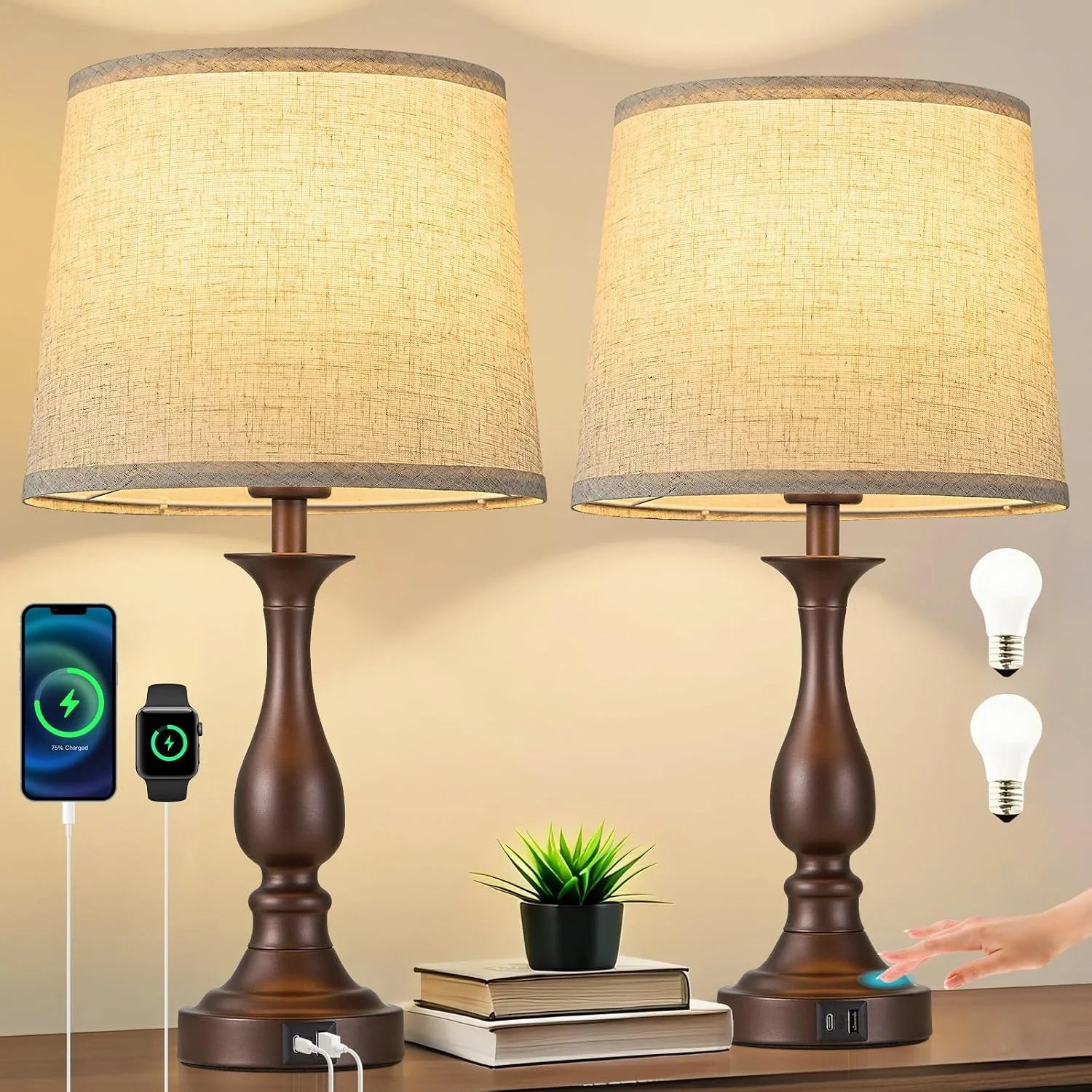 Bedside Table Lamp Touch Control Bedroom Lamps with USB A and C Charging Port 3 Way Dimmable Touch Lamps for Nightstand bifanuoyard - Image 10