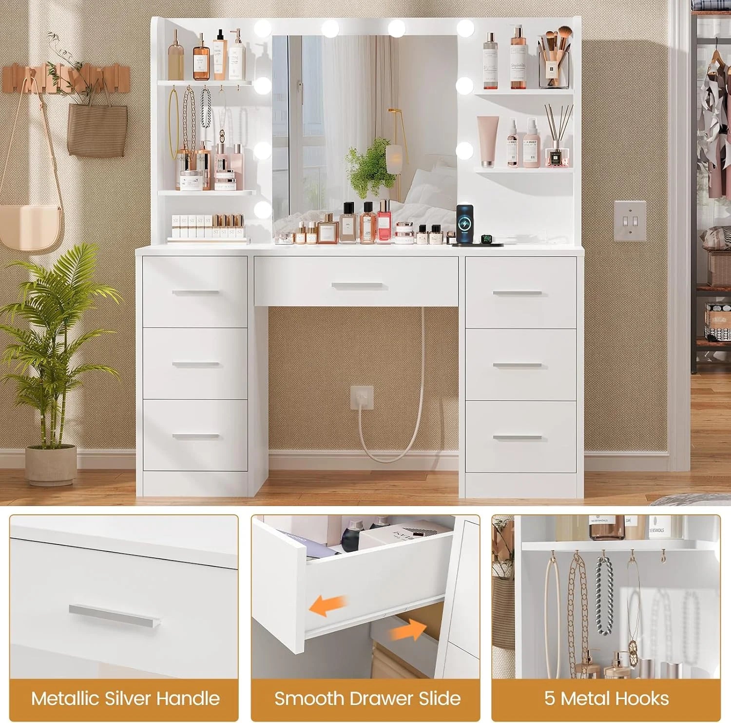 New Arrivals Large Vanity Desk with LED Lighted Mirror & Power Outlet, Makeup Vanity Table with 7 Drawers - Image 7