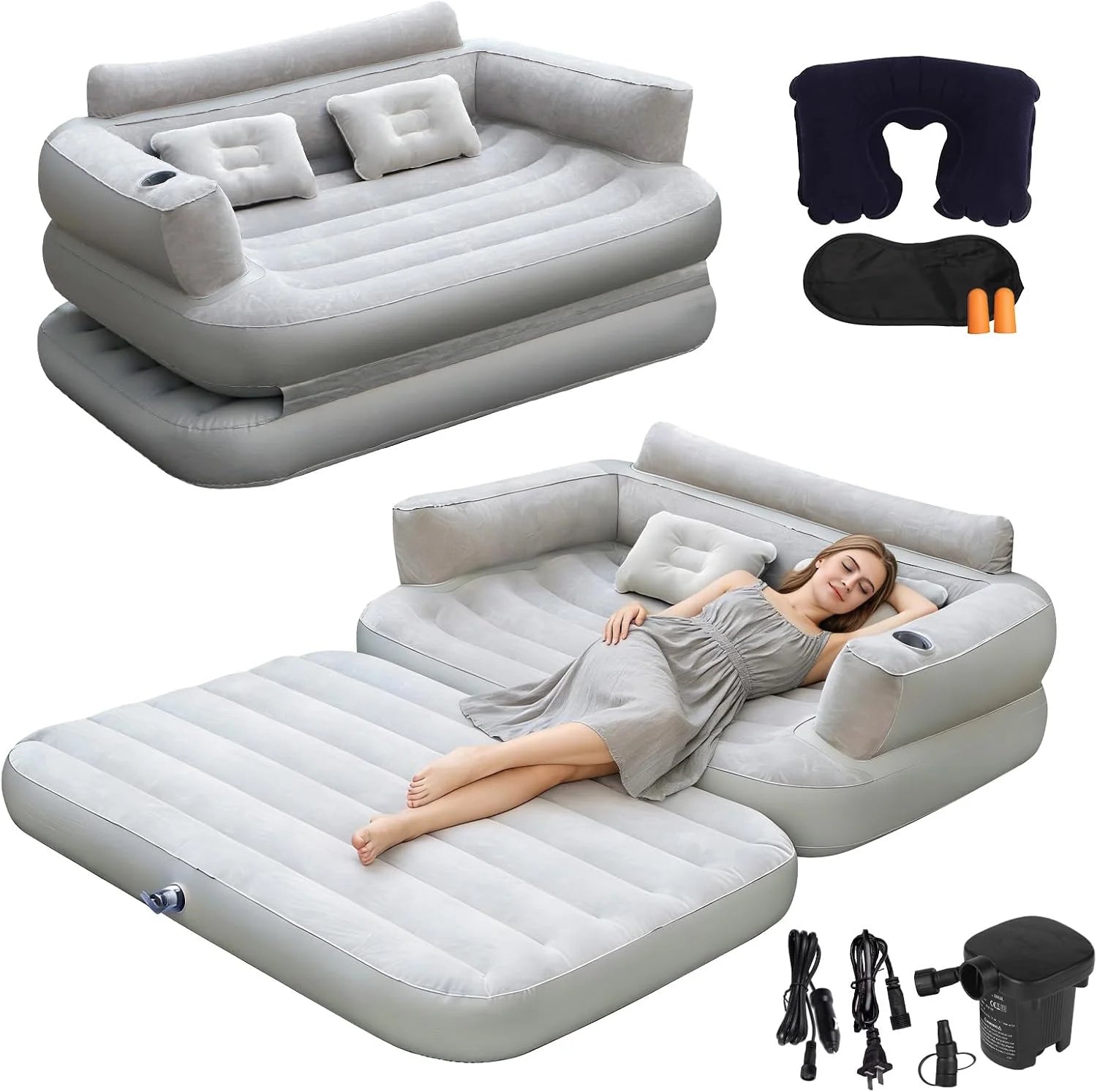 New Arrivals Full Size Inflatable Sofa Bed with Air Pump, 2-in-1 Portable Blow-Up Air Couch, Inflatable Couch Bed and Folding