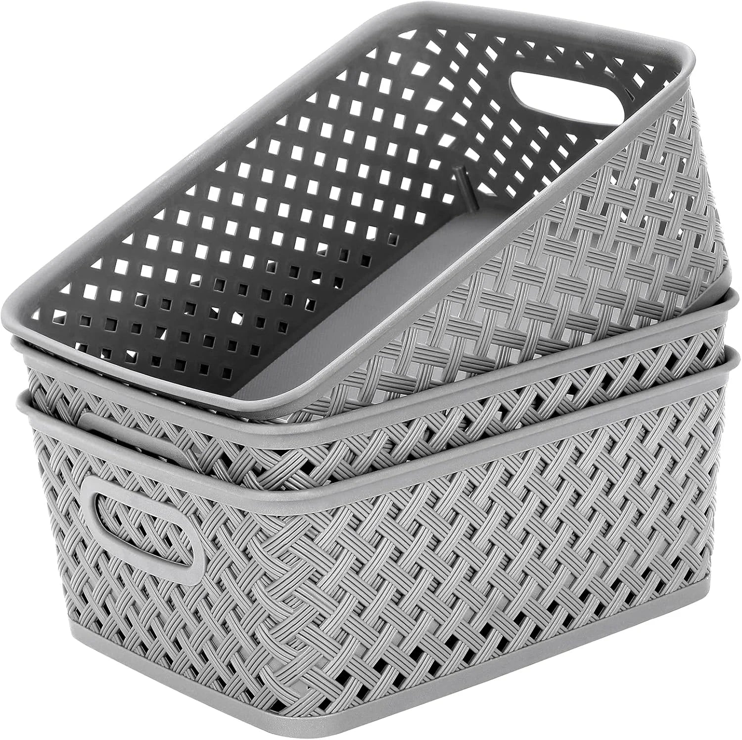3 Pack Plastic Storage Baskets, Large, Grey, Durable Woven Plastic with Built-In Handles bifanuoyard - Image 12