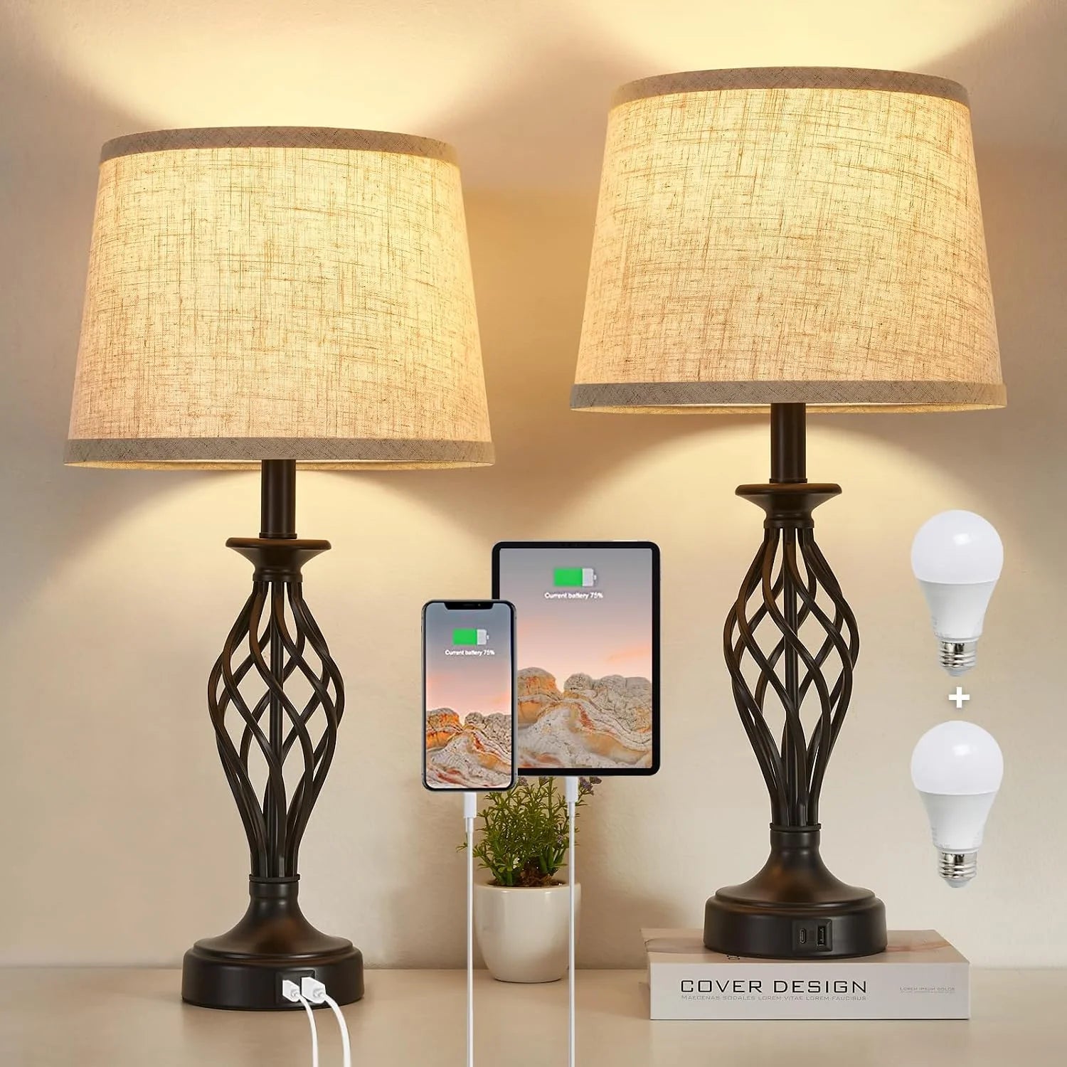 New Arrivals Lamp for Bedroom Set of 2 with USB C+A Ports, Bulb Included, Modern Bedside Lamps with Spiral Cage Base - Image 2