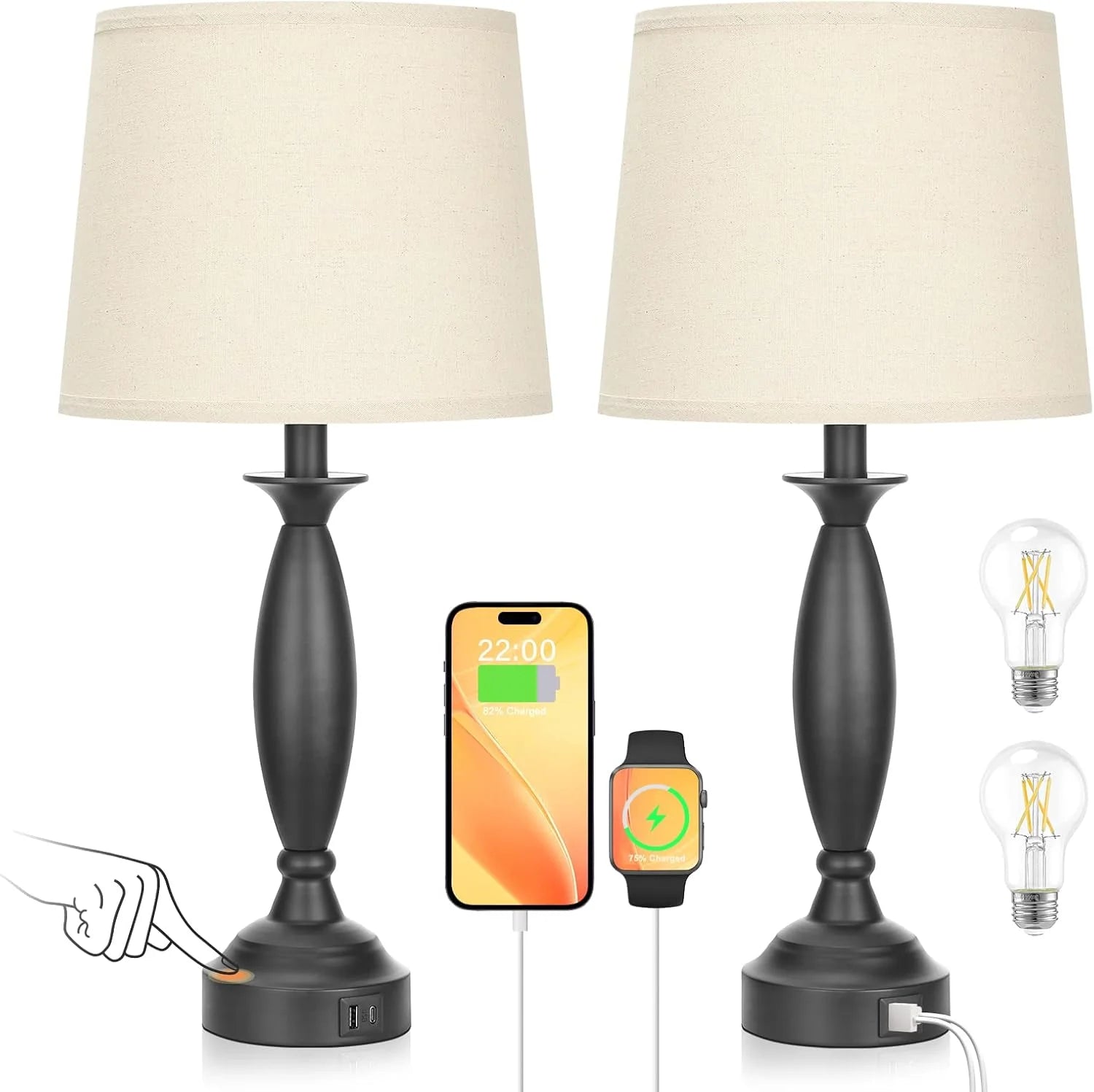 Seealle Touch Bedside Lamps for Nightstand Set of 2, Dimmable, Bulb Included bifanuoyard