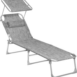 New Arrivals Sun Lounger, Folding Patio Chaise Lounge Chair with Canopy, 76 x 20.9 x 11.4 Inches, Holds 330 lb