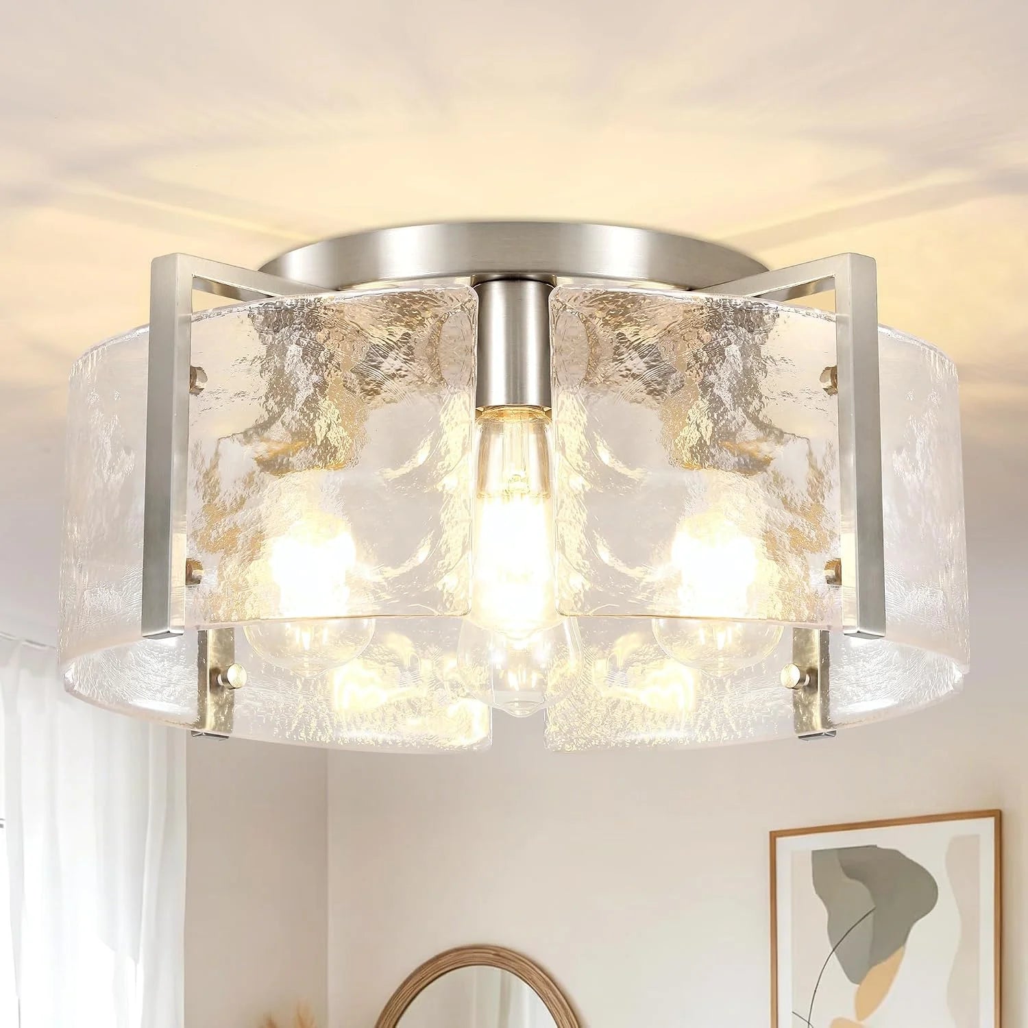 Modern Gold Semi Flush Mount Ceiling Light, Dimmable, 3-Light Farmhouse Glass Drum Light Fixture - Image 4