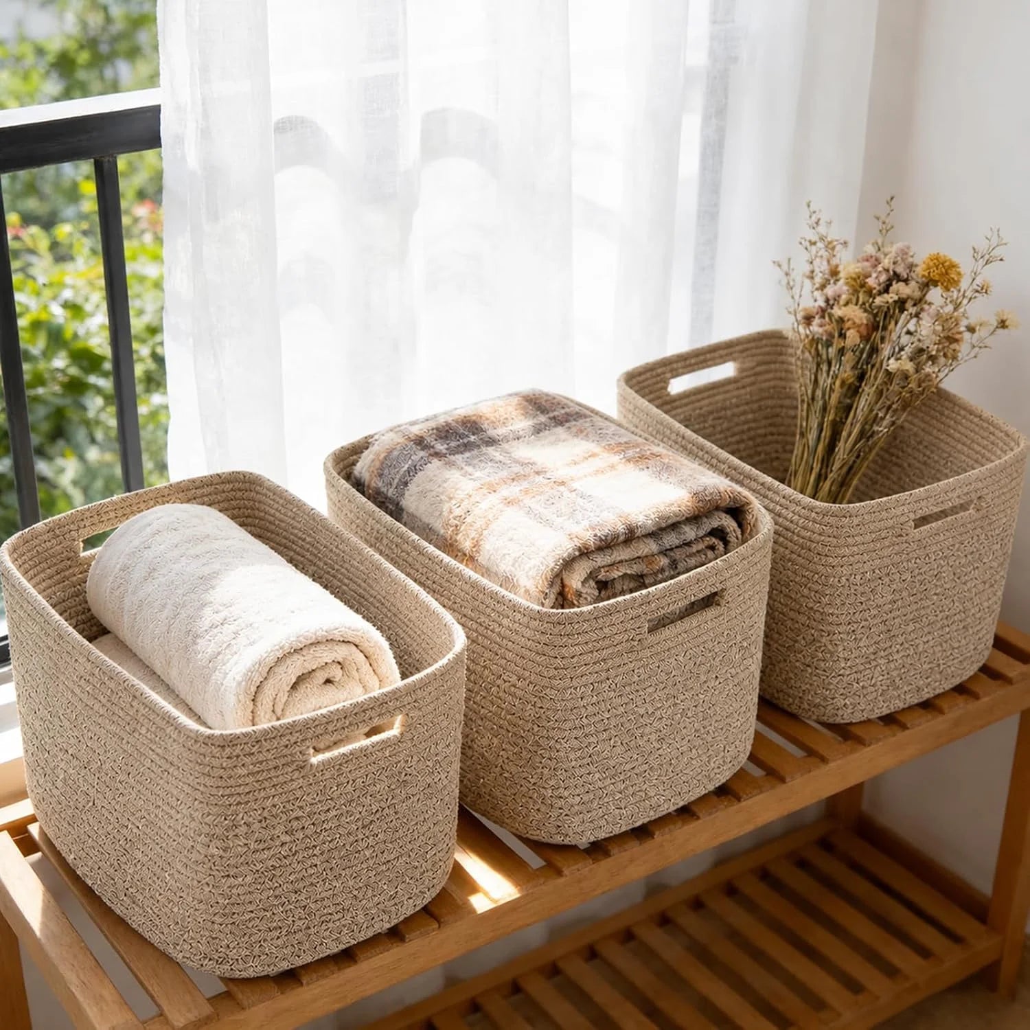 3 Pack Woven Baskets,Storage Baskets for Shelves with Handles, 13.5×11×9.5,Closet Baskets,Gift Basket,Nursery bifanuoyard - Image 4