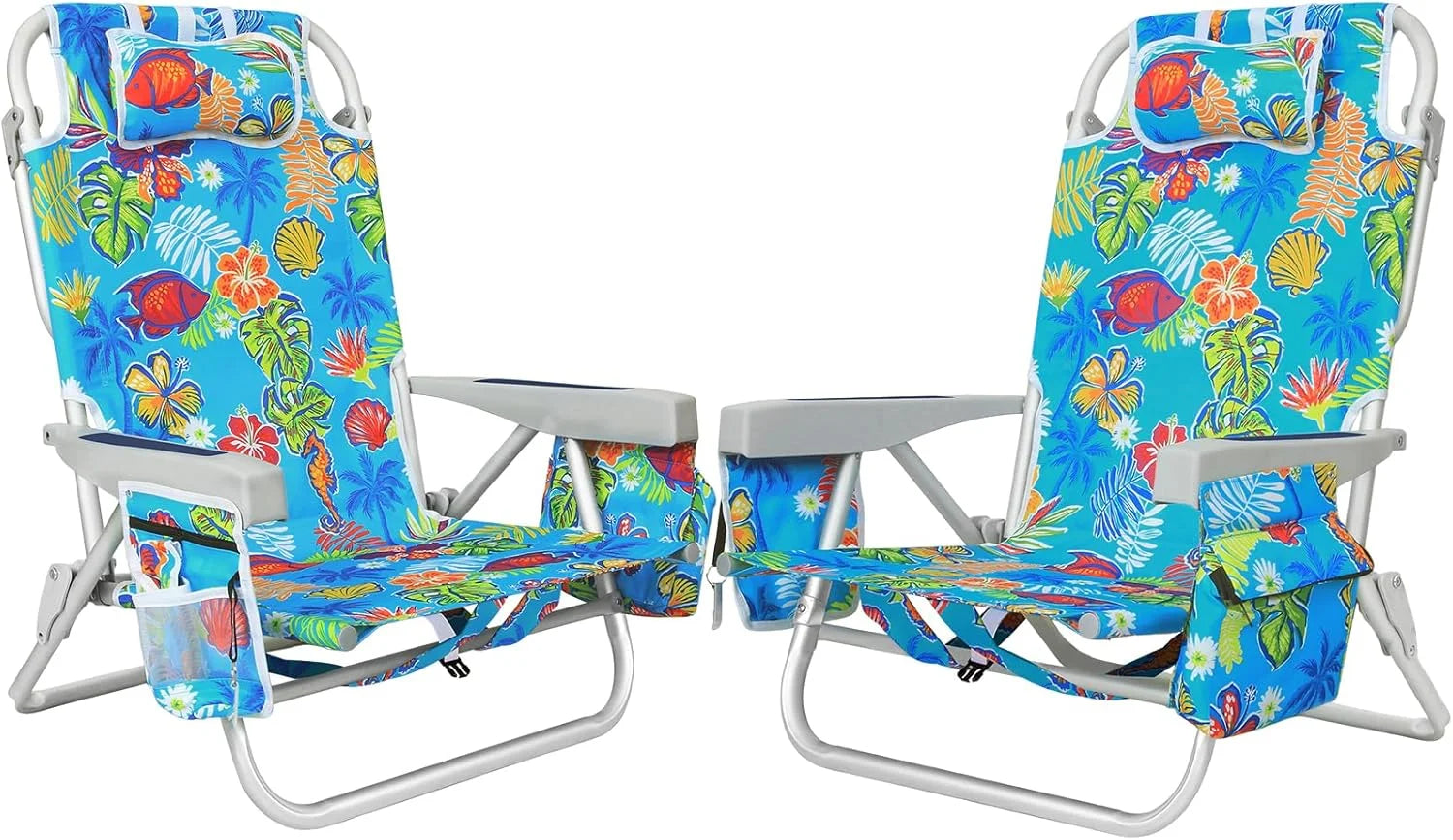 New Arrivals Aluminum Extra Wide 5-Position Lay Flat Folding Backpack Beach Chairs for Adults, with Cooler Bag