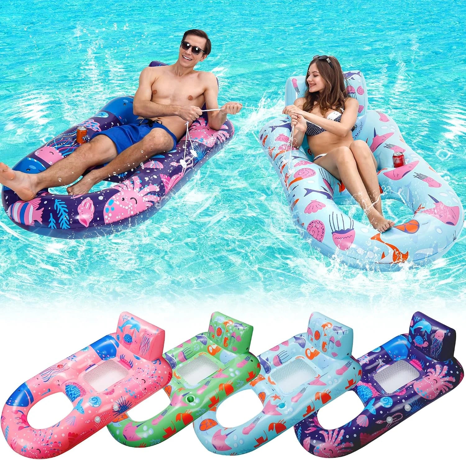 New Arrivals 4 Pack Pool Floats Adult, Inflatable Pool Lounger Float Heavy Duty with Cup Holder