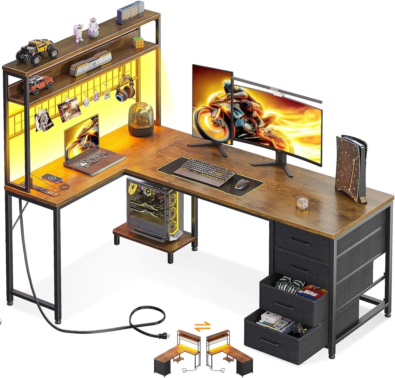 New Arrivals L Shaped Desk Gaming Desk with LED Light & Power Outlet, 53 Inch Black Reversible L Shaped Computer Table - Image 9