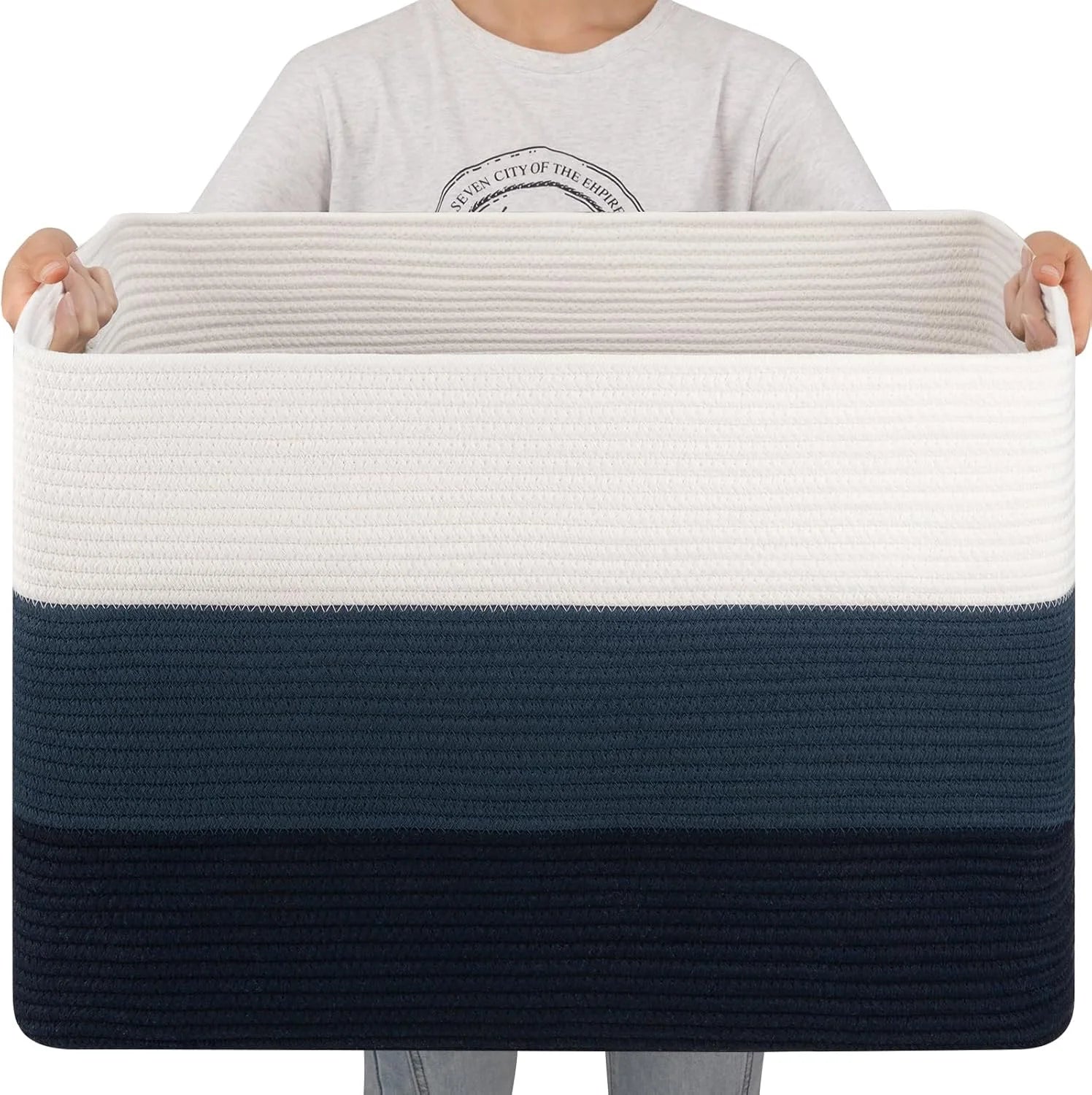 New Arrivals Blanket Basket, 25”x16”x16”(108L) Rectangle Woven Storage Baskets, Cotton Rope Basket For Living Room - Image 2