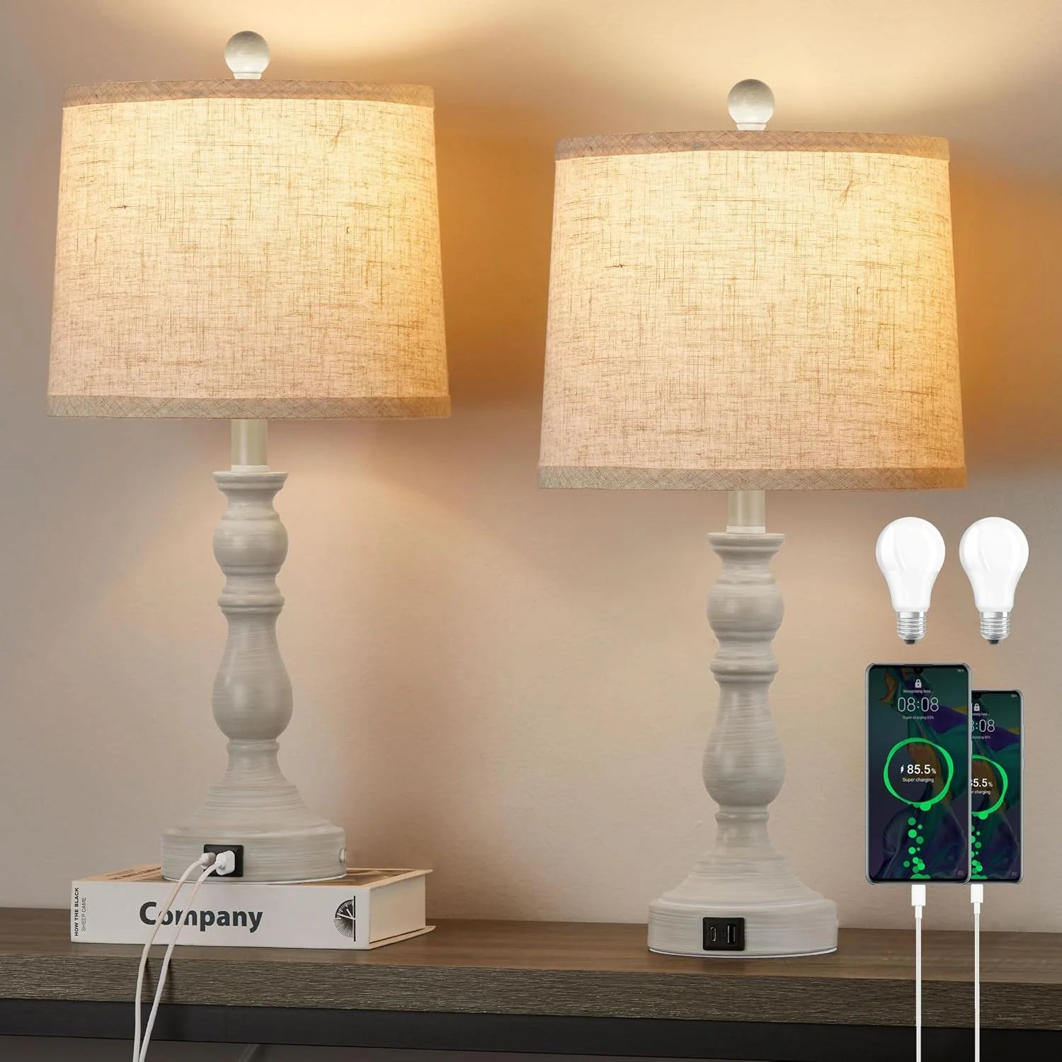New Arrivals 23” Farmhouse Table Lamps for Living Room Set of 2 with USB C+A Ports, 3-Color Temperature, Bulb Included - Image 6