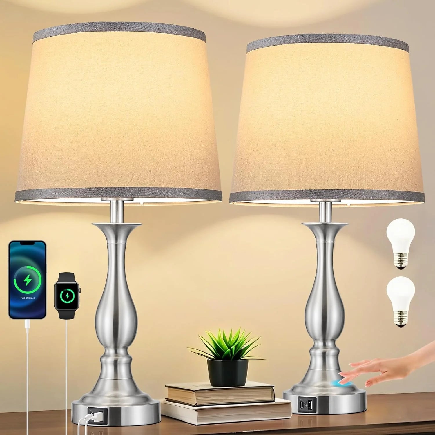Bedside Table Lamp Touch Control Bedroom Lamps with USB A and C Charging Port 3 Way Dimmable Touch Lamps for Nightstand bifanuoyard - Image 5