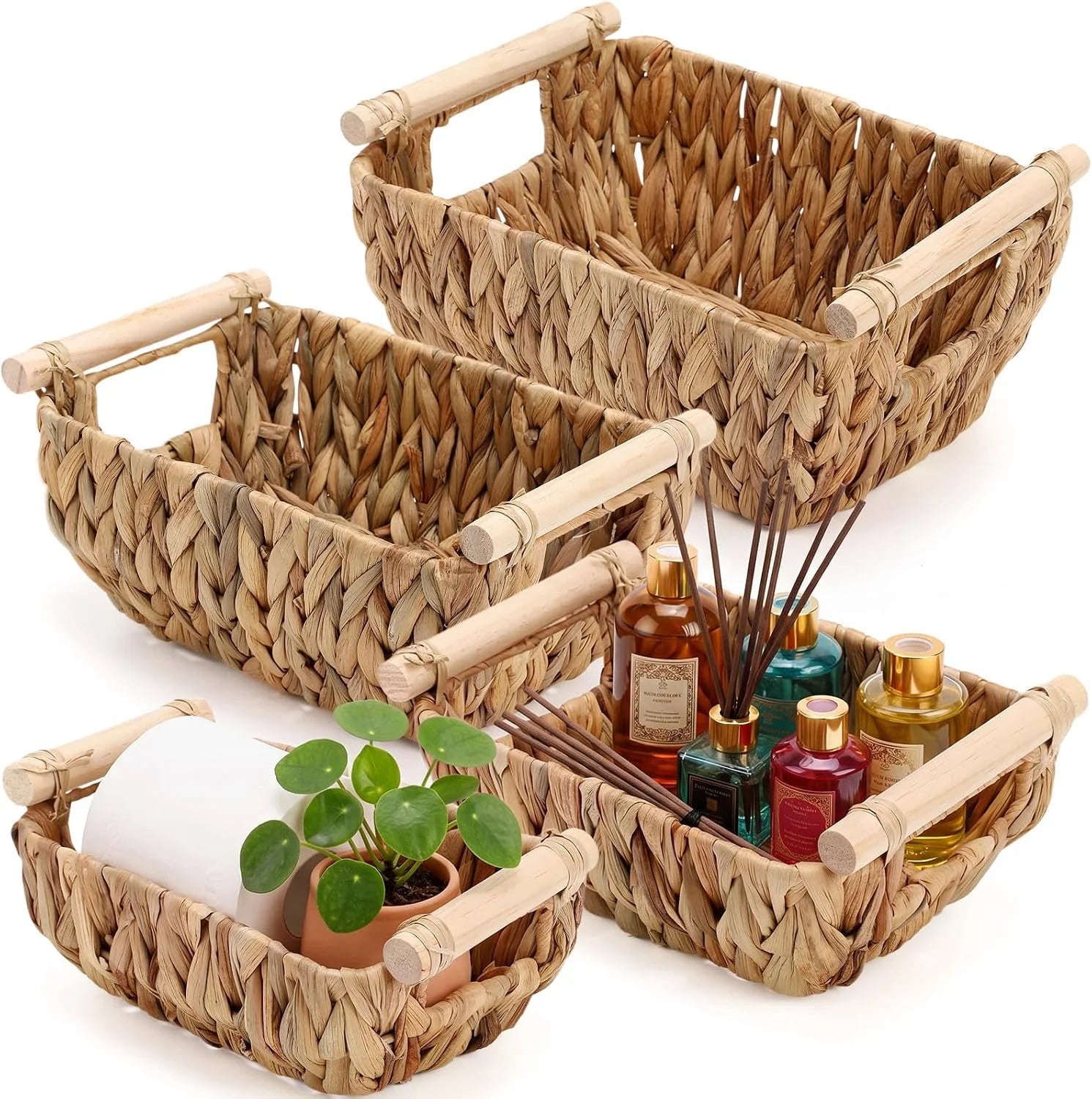 New Arrivals Wicker Storage Baskets, Hand Woven Organizing Basket, Water Hyacinth Nesting Shelf Bins with Wooden