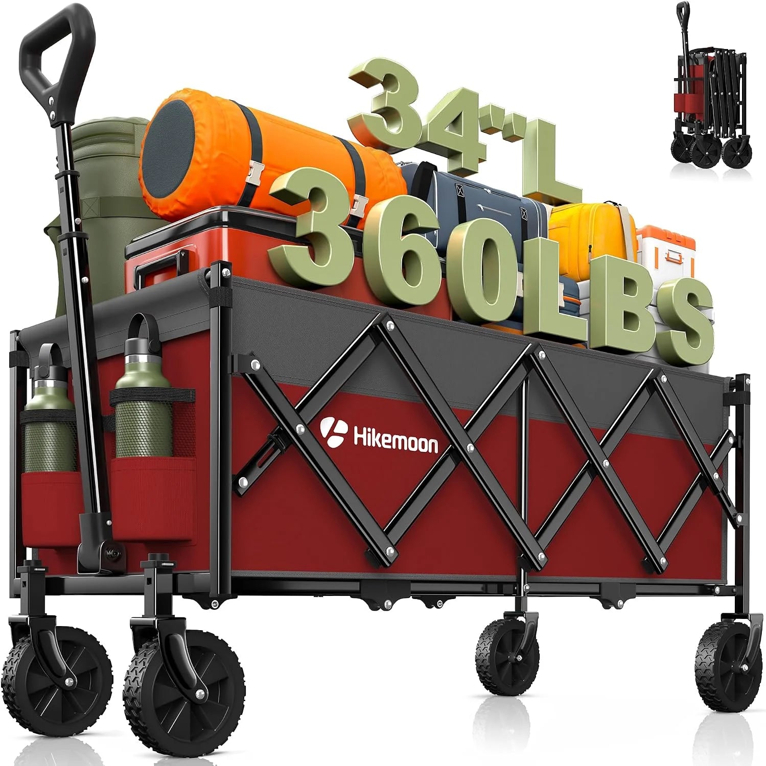 New Arrivals 34” Extra Long Folding Portable Wagon Cart, 120L 360LBS Black, Heavy Duty - Image 8