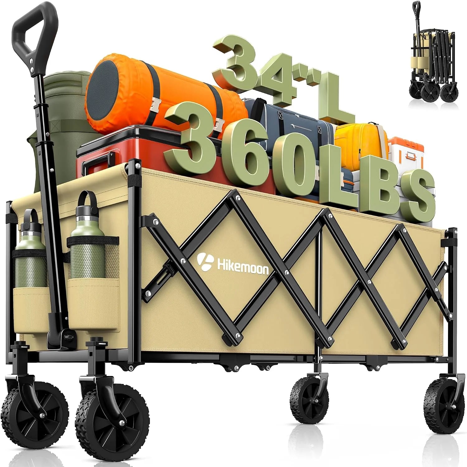 New Arrivals 34” Extra Long Folding Portable Wagon Cart, 120L 360LBS Black, Heavy Duty - Image 3