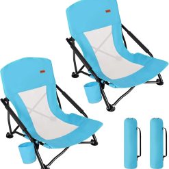 New Arrivals Low Beach Chair for Adults 2 Pack, Low Profile Folding with Cup Holder & Carry Bag, Heavy Duty Chair for Outdoor
