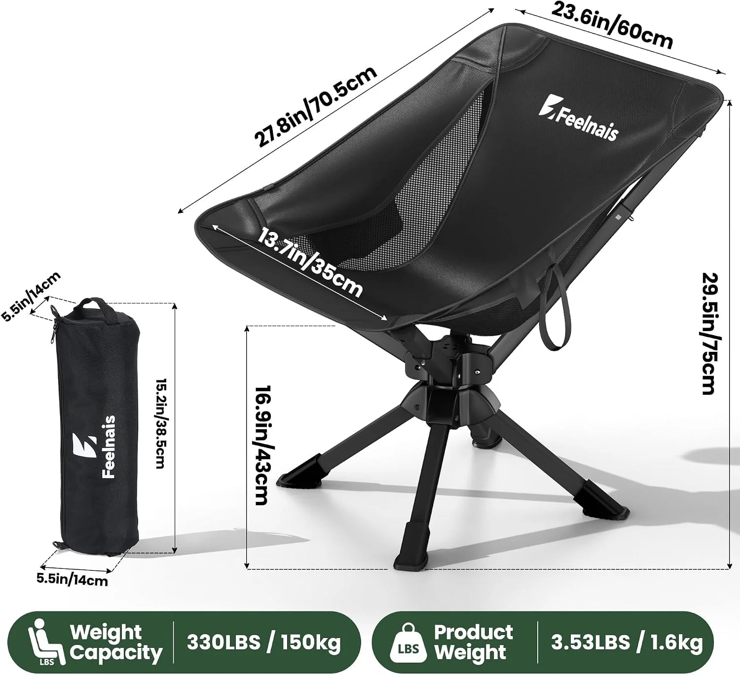 Feelnais Portable Camping Chairs Compact, 360° Swivel Folding Chair, Lightweight 3.5lbs, Metal Frame Holds up to 330lbs bifanuoyard - Image 2