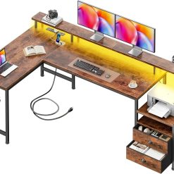 New Arrivals 66” L Shaped Gaming Desk with Drawers and Storage Shelves, Reversible Corner Desk with Power Outlets and Host