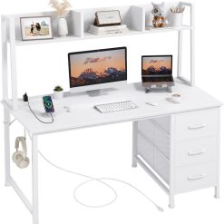 DLisiting White Computer Desk with Hutch & Drawers, 47 Inch Modern Study Writing Office Desk with 3 Storage Drawers and bifanuoyard