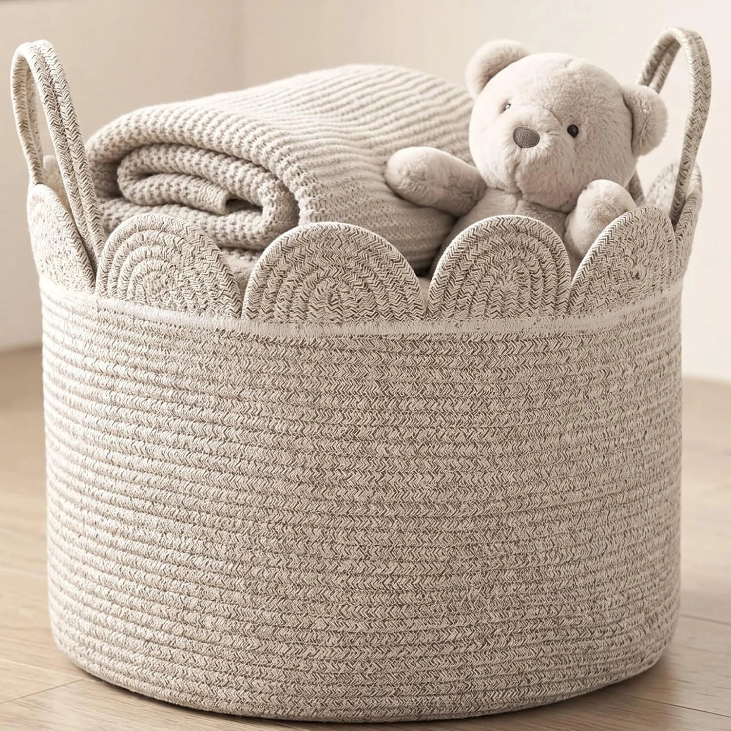 Woven Basket Brown, 16 L X 16 W X 14 H, Large Storage for Blankets Toys Laundry, Cotton Rope Scalloped Edge bifanuoyard - Image 4