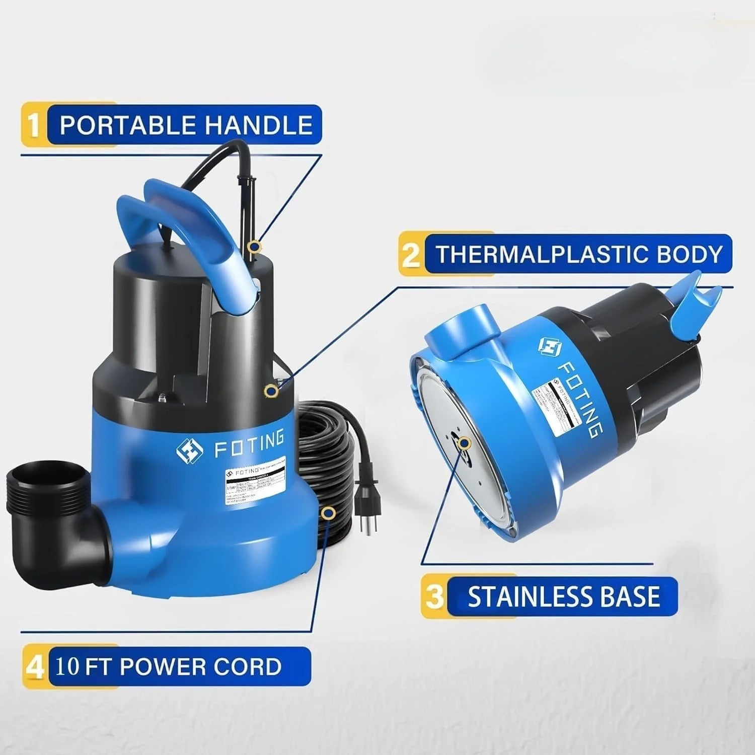 New Arrivals 1/2HP Submersible Water Pump with Stainless Steel Base, Removes Water to 0.04 Depth, 2450GPH Portable Sump Pump - Image 8