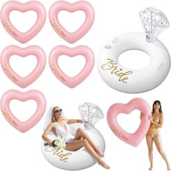 6 Pcs Bachelorette Pool Floats, 1 Diamond Ring & 5 Pink Heart Loungers, Inflatable Party Decorations for Bridal