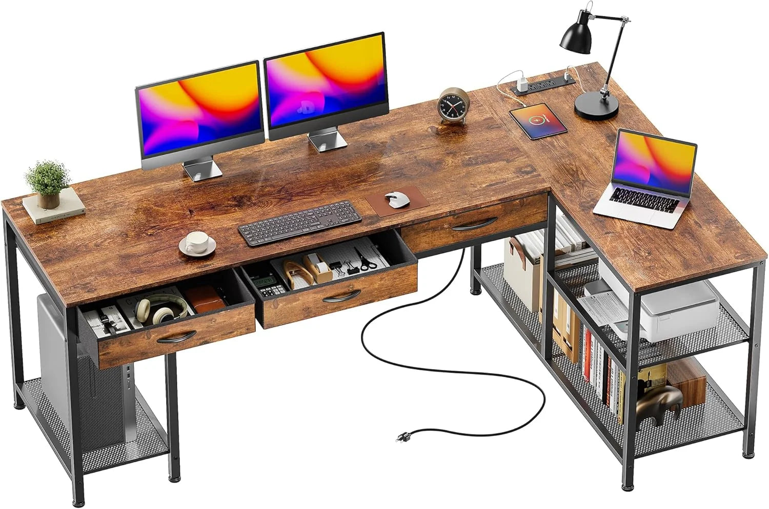 New Arrivals 55 Inch L Shaped Office Desk with Power Outlets and Type-C Port, Large Computer Gaming Desk with 3 Fabric - Image 4