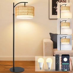 Gold Boho Rattan Floor Lamp w/Remote, Dimmable