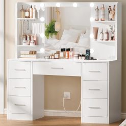 Alternative view of New Arrivals Large Vanity Desk with LED Lighted Mirror & Power Outlet, Makeup Vanity Table with 7 Drawers