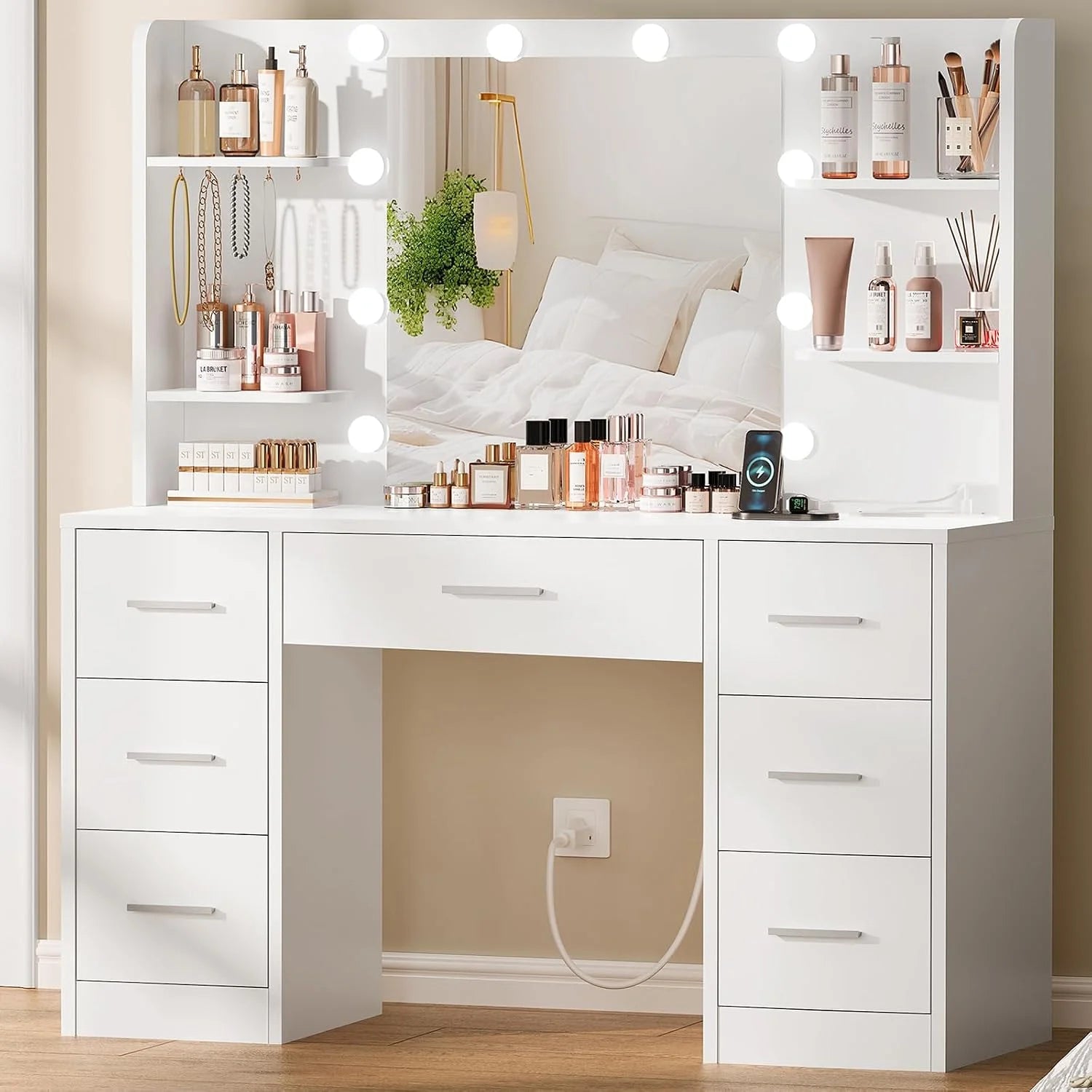 New Arrivals Large Vanity Desk with LED Lighted Mirror & Power Outlet, Makeup Vanity Table with 7 Drawers - Image 2
