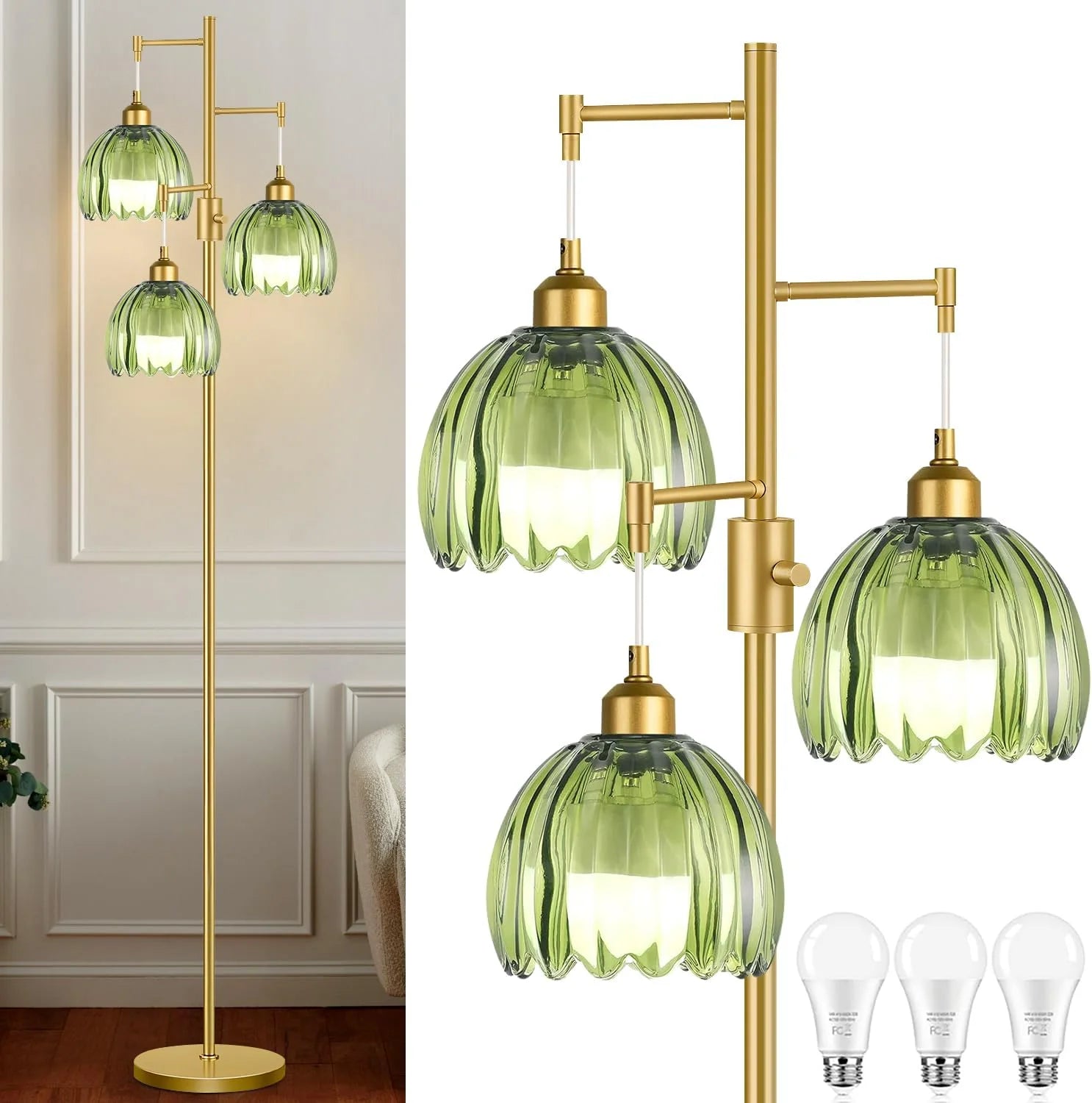 ZECOXOL Vintage Floor Lamp for Living Room Bedroom-3 Light Glass Floor Lamp with Three Led Bulb bifanuoyard - Image 4