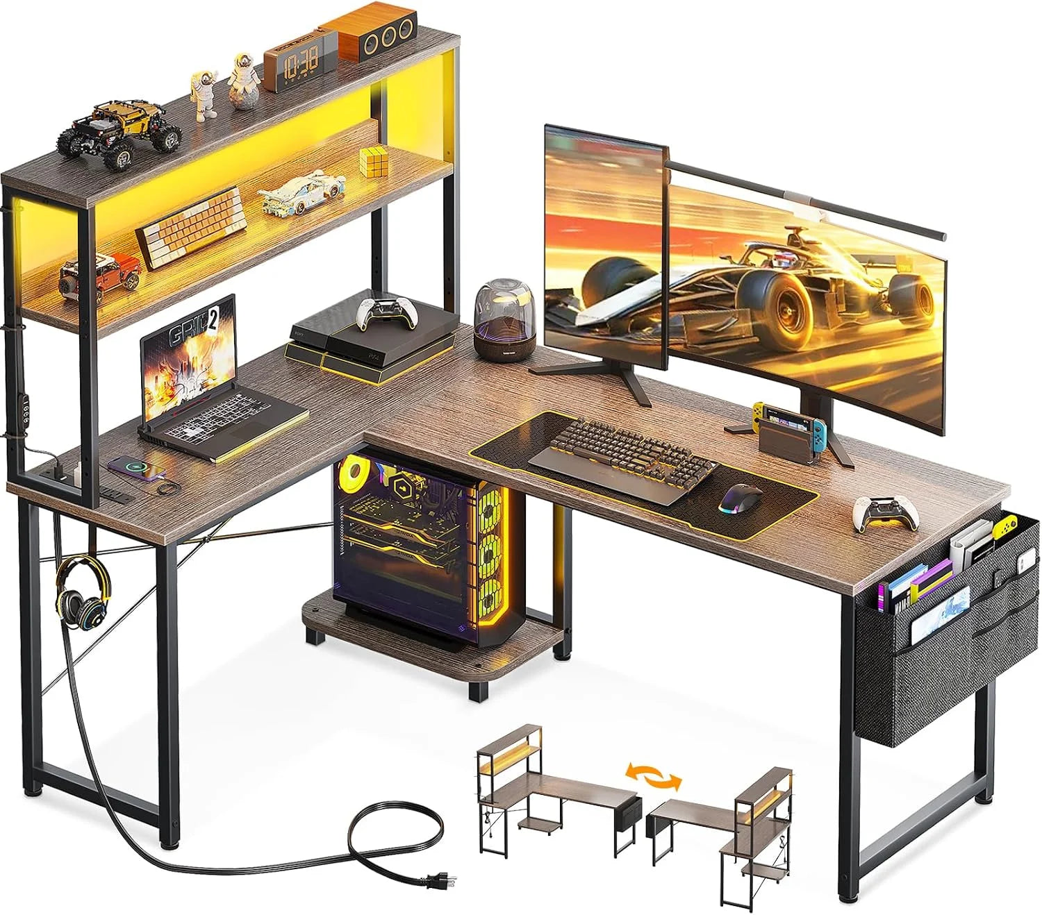 New Arrivals L Shaped Desk Gaming Desk with LED Light & Power Outlet, 53 Inch Black Reversible L Shaped Computer Table - Image 7