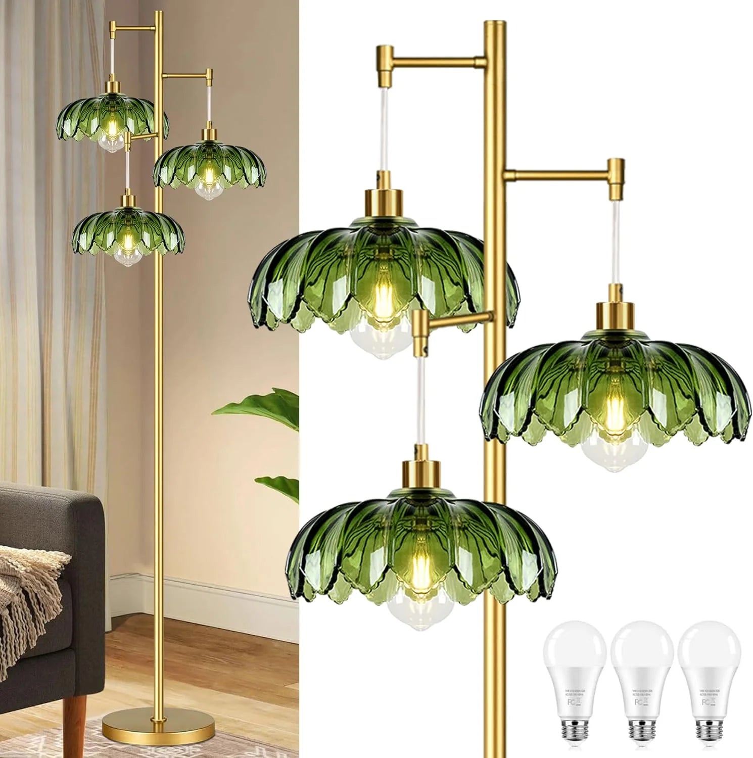 ZECOXOL Vintage Floor Lamp for Living Room Bedroom-3 Light Glass Floor Lamp with Three Led Bulb bifanuoyard - Image 12