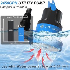Alternative view of New Arrivals 1/2HP Submersible Water Pump with Stainless Steel Base, Removes Water to 0.04 Depth, 2450GPH Portable Sump Pump