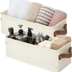 StorageWorks Fabric Narrow Storage Bins, Khaki and Beige Stripes, 2-Pack, With Metal Frame, Sturdy Structure bifanuoyard