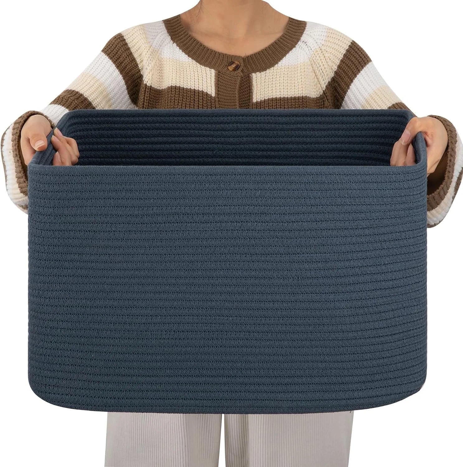 Large Blanket Basket, Storage Baskets with Handle, Rectangle Woven Cotton Rope Basket, Toy Organizer Bins, 22 x bifanuoyard - Image 7