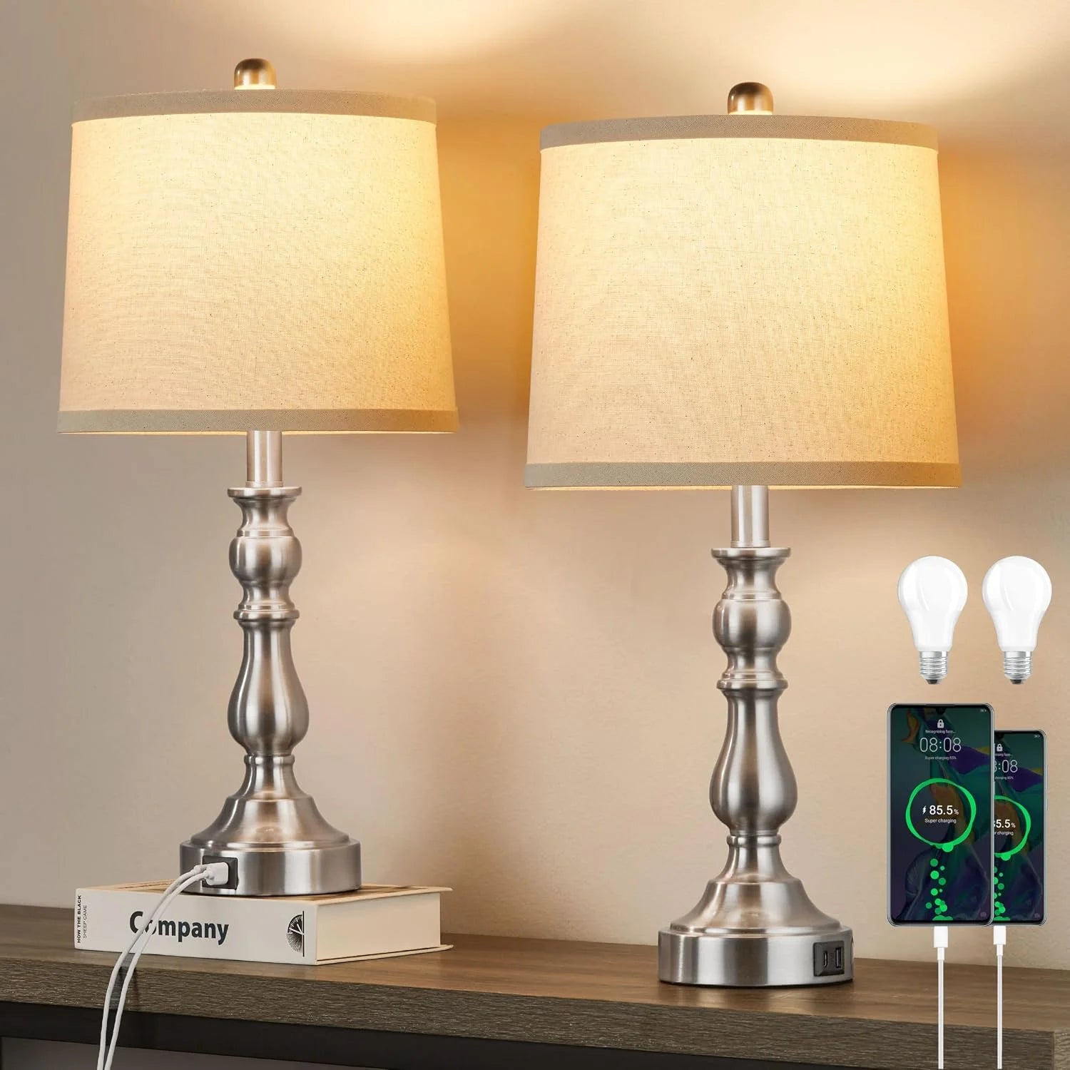 New Arrivals 23” Farmhouse Table Lamps for Living Room Set of 2 with USB C+A Ports, 3-Color Temperature, Bulb Included - Image 2