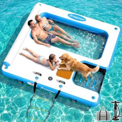 New Arrivals Inflatable Floating Dock with Water Hammock Dog Boat Ramp for Lake, 8ft Lake Floats for Adults Inflatable Island