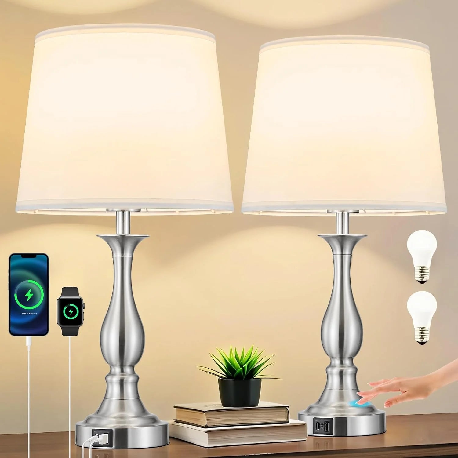 Bedside Table Lamp Touch Control Bedroom Lamps with USB A and C Charging Port 3 Way Dimmable Touch Lamps for Nightstand bifanuoyard - Image 4