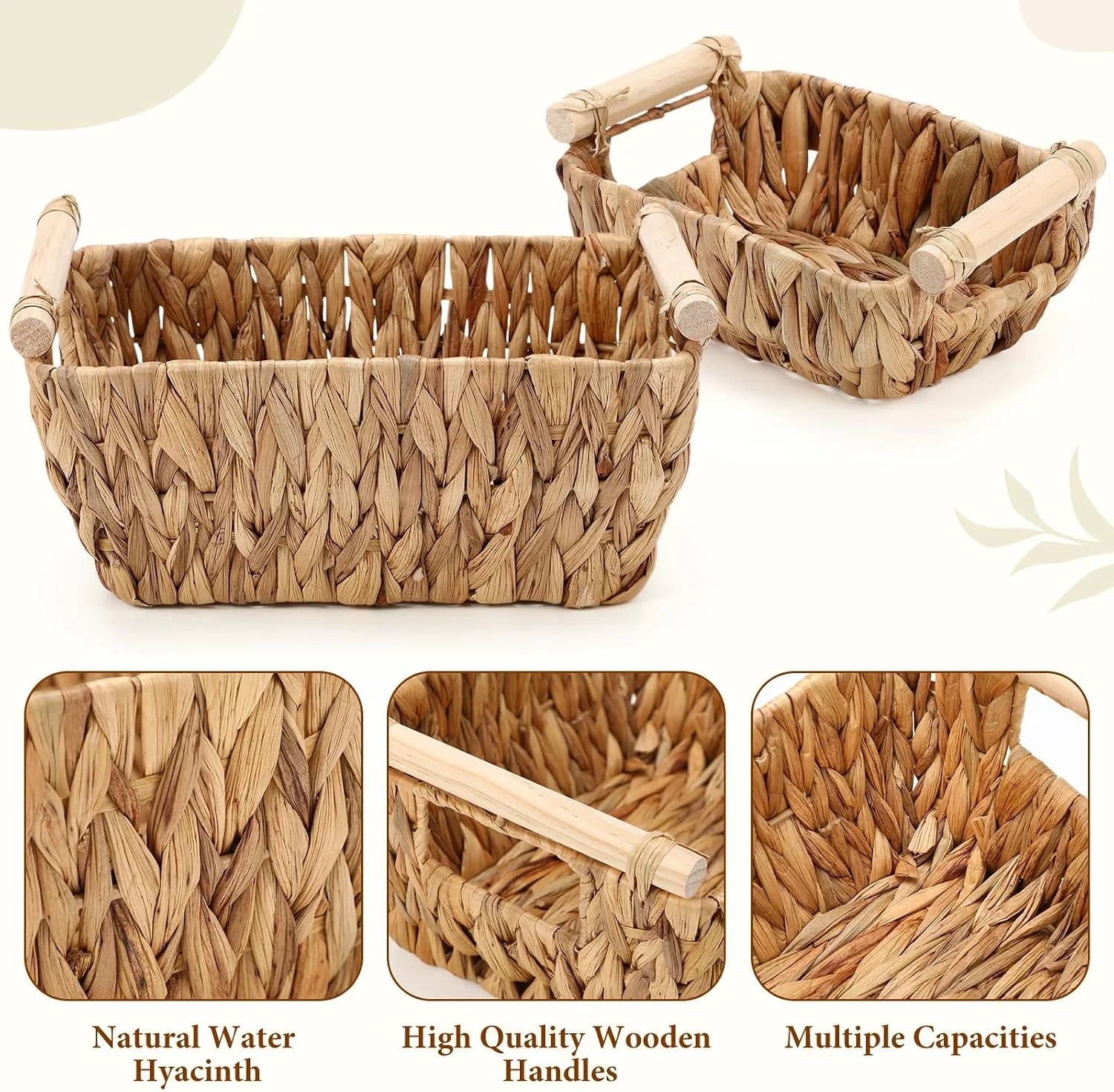 New Arrivals Wicker Storage Baskets, Hand Woven Organizing Basket, Water Hyacinth Nesting Shelf Bins with Wooden - Image 4